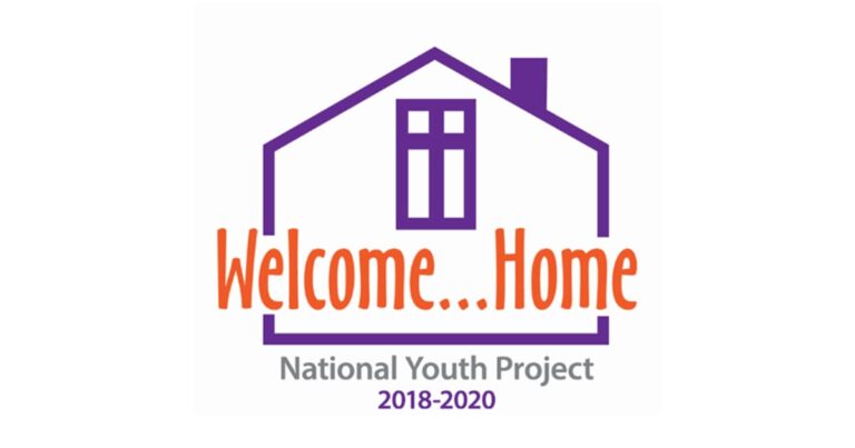 Logo for the Welcome…Home National Youth Project (2018–2020), featuring the project name in orange text within the outline of a purple house with a window.