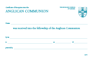 Reception into the Anglican Communion certificate