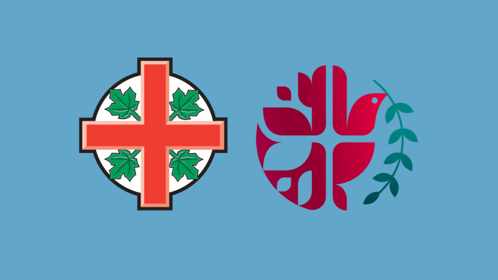 Anglican Church of Canada emblem—a red cross over four green maple leaves—displayed beside the Evangelical Lutheran Church in Canada emblem, a stylized red dove formed from abstract shapes with a green olive branch, both set against a blue background.