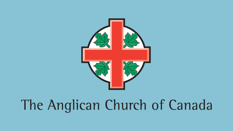 Banner with the emblem of the Anglican Church of Canada—a red cross with four green maple leaves—above the words ‘The Anglican Church of Canada’ on a light blue background.