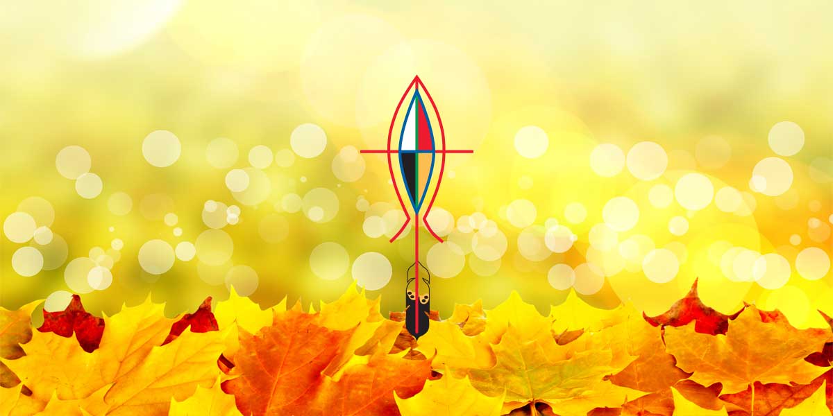 Colorful canoe graphic over a background of autumn leaves and a soft, blurred yellow bokeh effect, symbolizing outdoor adventure and seasonal change.