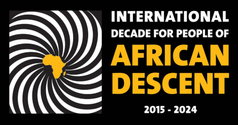 Logo for the International Decade for People of African Descent, featuring a stylized map of Africa surrounded by swirling black and white patterns, with the text "International Decade for People of African Descent 2015 - 2024."