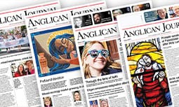 Collage of Anglican Journal newspaper covers featuring religious artwork, portraits, and headlines arranged side by side