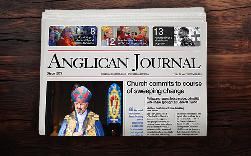 Newspaper titled "Anglican Journal" featuring a headline about church changes, with an image of a bishop in a cope.