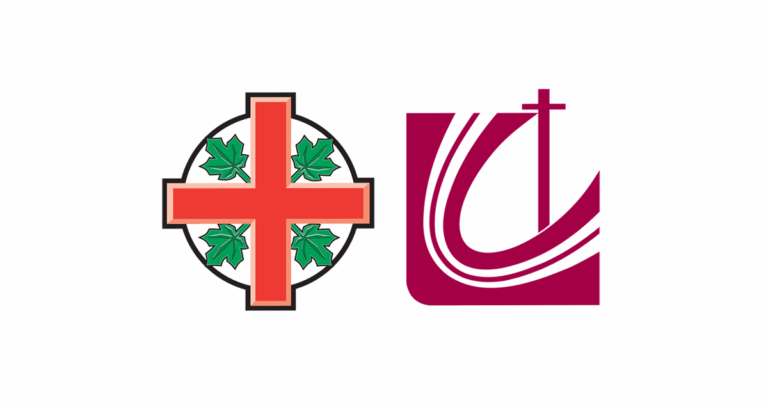 Two church logos side by side on a white background. On the left is the Anglican Church of Canada emblem — a red cross with four green maple leaves. On the right is the Evangelical Lutheran Church in Canada logo — a stylized maroon cross and curved lines forming a semicircular shape.