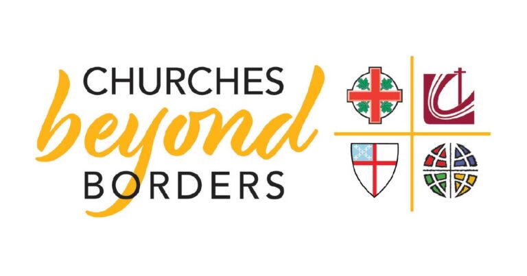 Logo of Churches Beyond Borders featuring the organization's name in bold typography, accompanied by two heraldic symbols representing different church communities.