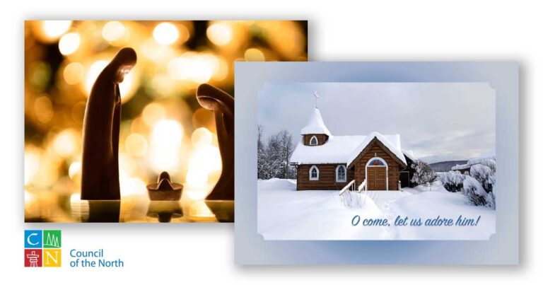 A split image featuring a close-up of a nativity scene with a softly lit background and a snow-covered wooden church with a winter landscape, accompanied by the text "O come, let us adore Him."