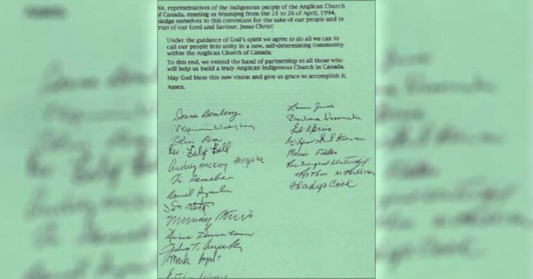 Document containing handwritten signatures from a group of individuals, with a light green background and a brief introductory text related to an event or agreement.