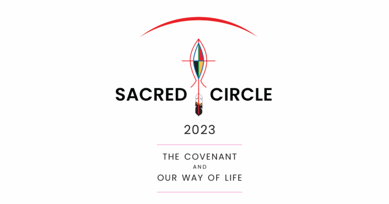 Logo design for "Sacred Circle 2023," featuring a traditional symbol and the text "The Covenant and Our Way of Life" beneath. The design emphasizes cultural significance and community values.