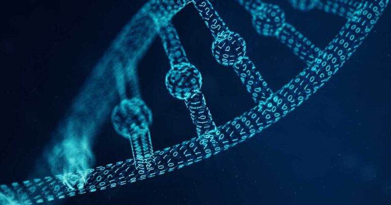 Abstract representation of a DNA double helix composed of glowing binary code, symbolizing the intersection of genetics and technology.
