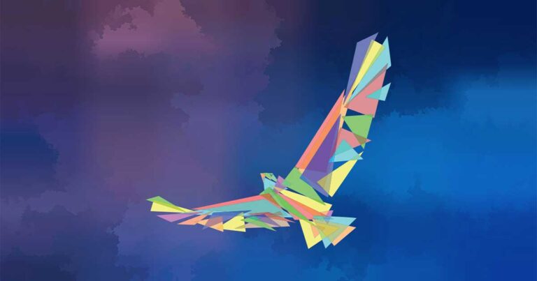 Colorful origami bird in flight against a gradient background of purple and blue hues, symbolizing creativity and freedom.