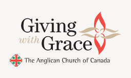 Giving with Grace campaign graphic from the Anglican Church of Canada with stylized flame and text on a gold background