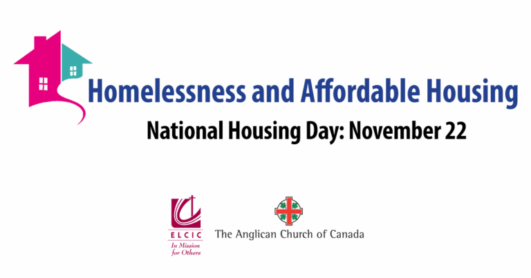 Graphic promoting National Housing Day, highlighting issues of homelessness and affordability, featuring logos of the Anglican Church of Canada and the ELCIC.