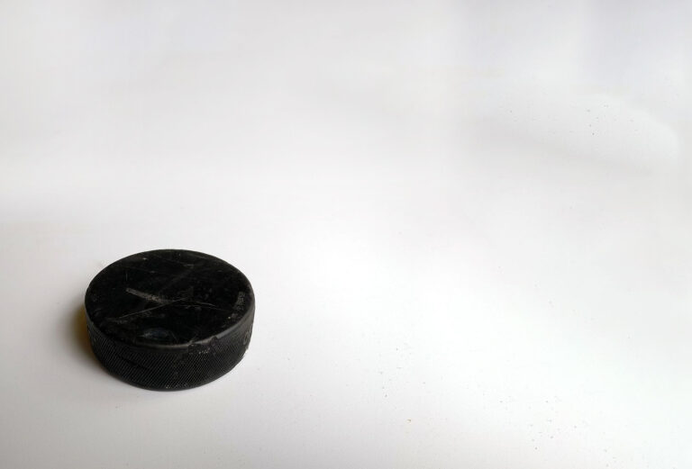 Black hockey puck on a white background, showcasing its round shape and textured surface.