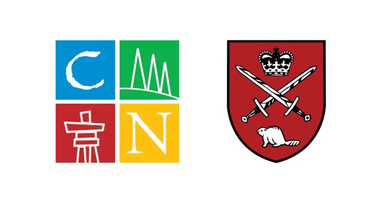 Logos of two organizations, one featuring colorful squares with icons representing nature and exploration, and the other displaying a red shield with crossed swords and a beaver.