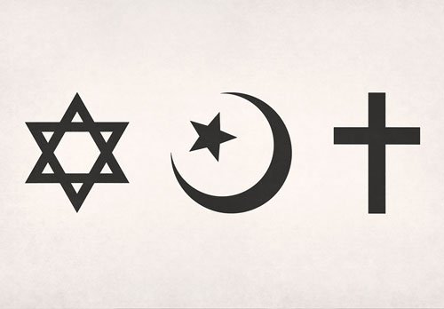 The Abrahamic symbols (Judaism, Islam and Christianity) printed on paper