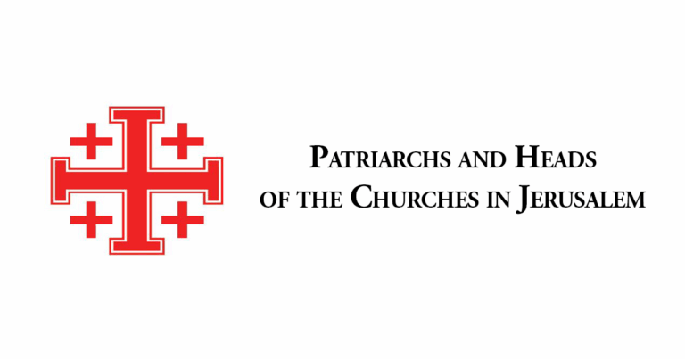 Logo of the Patriarchs and Heads of the Churches in Jerusalem featuring a red cross with additional crosses at the ends, accompanied by the text "Patriarchs and Heads of the Churches in Jerusalem."