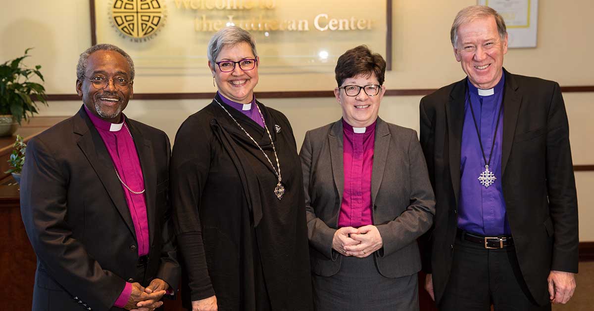 (L-R): Presiding Bishop Michael Curry, of The Episcopal Church; National Bishop Susan Johnson, of the Evangelical Lutheran Church in Canada; Presiding Bishop Elizabeth Eaton, of the Evangelical Lutheran Church in America; and Archbishop Fred Hiltz, primate of the Anglican Church of Canada, at their meeting in Chicago October 12–13. Photo: William Nunnally / ELCA