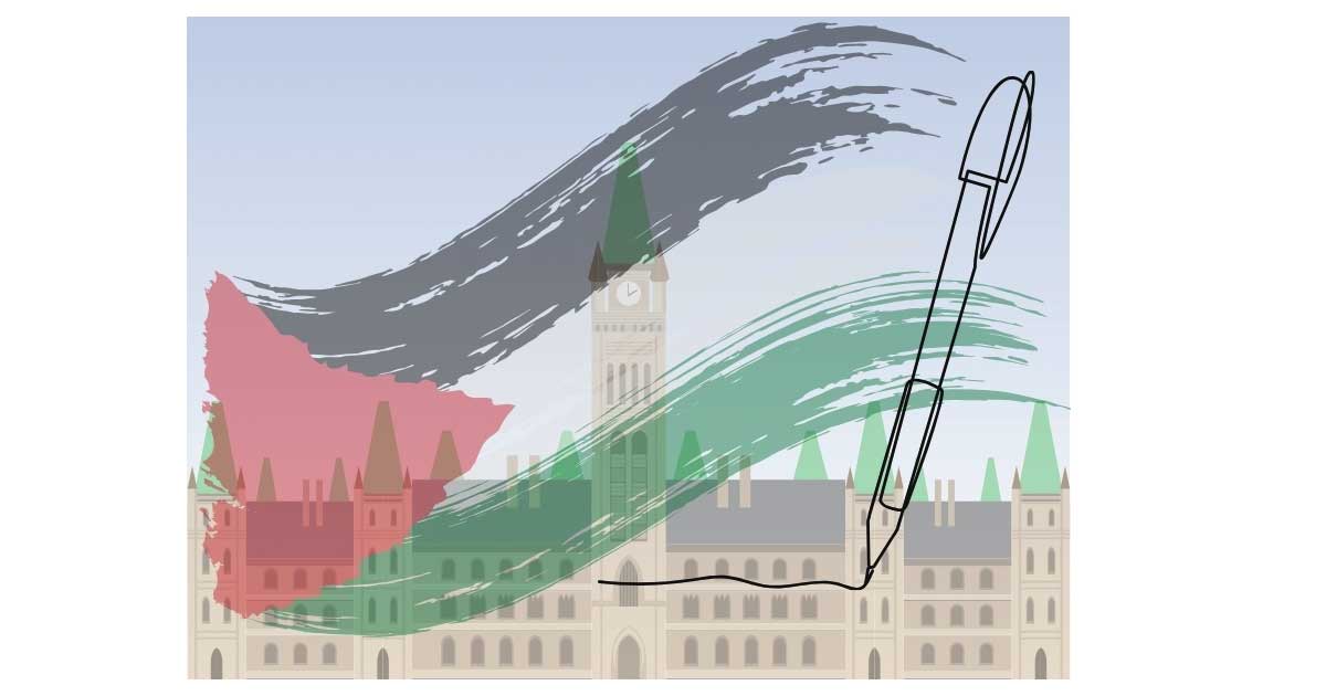 This image shows Parliament Hill in Ottawa with the Peace Tower prominently featured in the center. A large Palestinian flag flows dramatically across the scene as a broad ribbon. The flag appears to be in motion, creating sweeping curves across the upper portion of the image. A pen is positioned in the right portion of the image, appearing to write or draw the flowing flag. The background features rolling hills in muted tones. The artistic style is painterly with soft, flowing brushstrokes throughout the composition.