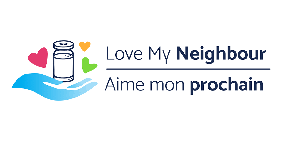 Logo for the "Love My Neighbor" initiative, featuring a heart and a water droplet, with the text in English and French.