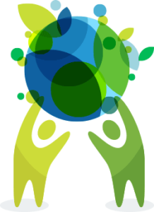 Two stylized green figures holding up a globe made of overlapping blue and green shapes, with leaves and circular elements surrounding the planet.