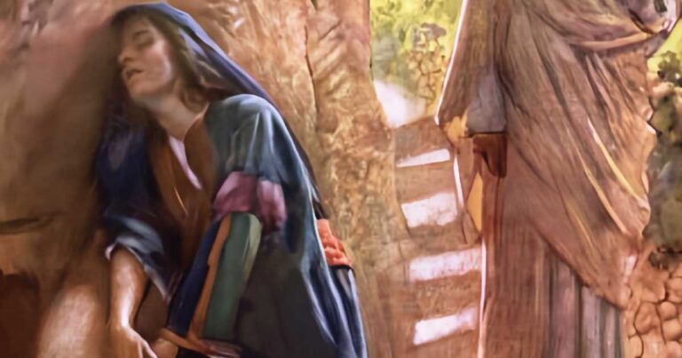 A woman in a colorful dress stands beside a stone wall, looking contemplatively at the ground, while a man in a simple tunic approaches from a staircase in the background, set in a serene, natural environment.