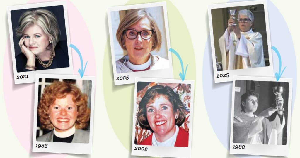 Photos of three female leaders in the Anglican Church of Canada, Canon Judy Rois, Archbishop Anne Germond and Canon Jeannine Friesen from the past couple of years and from the times of their ordinations. Photos from 2021 and 1986 show Rois smiling as an older and younger woman respectively. Photos of Germond from 2025 and 2002 show her doing the same. Photos from 2025 and 1988 both show Friesen holding silver chalices over her head during communion.
