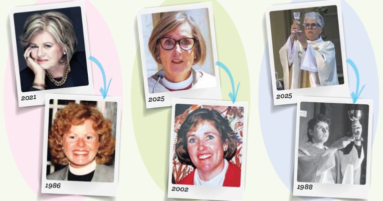 Photos of three female leaders in the Anglican Church of Canada, Canon Judy Rois, Archbishop Anne Germond and Canon Jeannine Friesen from the past couple of years and from the times of their ordinations. Photos from 2021 and 1986 show Rois smiling as an older and younger woman respectively. Photos of Germond from 2025 and 2002 show her doing the same. Photos from 2025 and 1988 both show Friesen holding silver chalices over her head during communion.