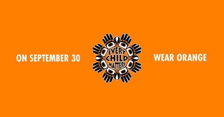 Design featuring an orange background with the text "November 30" and "Wear Orange" alongside a circular graphic of stylized hands and the phrase "Every Child Matters," emphasizing the importance of recognizing and supporting children's rights and well-being.