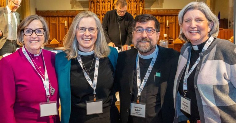 Bishop-elect Kathryn Otley (centre left) poses with Archbishop Anne Germond, metropolitan of the ecclesiastical province of Ontario (left) and fellow candidates in the episcopal election, Archdeacon Brian Kauk (centre right) and Archdeacon Monique Stone (right). Photo: Archdeacon Chris Dunn
