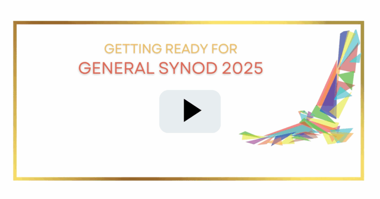 Text-based promotional image for "Getting Ready for General Synod 2025," featuring a play button symbol indicating a video. Colorful design elements are present at the bottom.