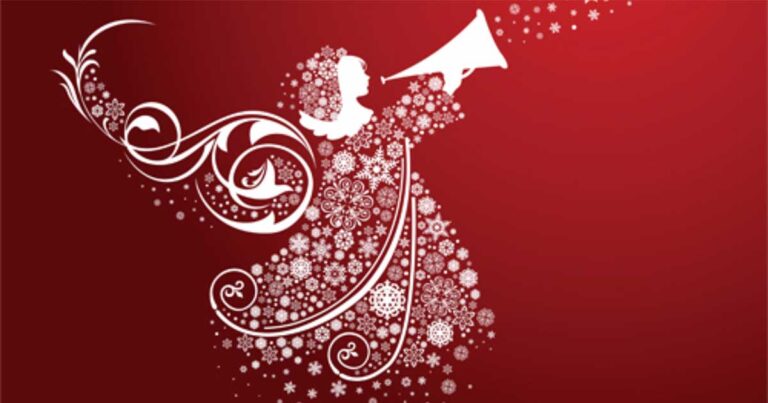 Illustration of a silhouette of an angel with a trumpet, surrounded by intricate white snowflakes and floral designs, set against a festive red background.