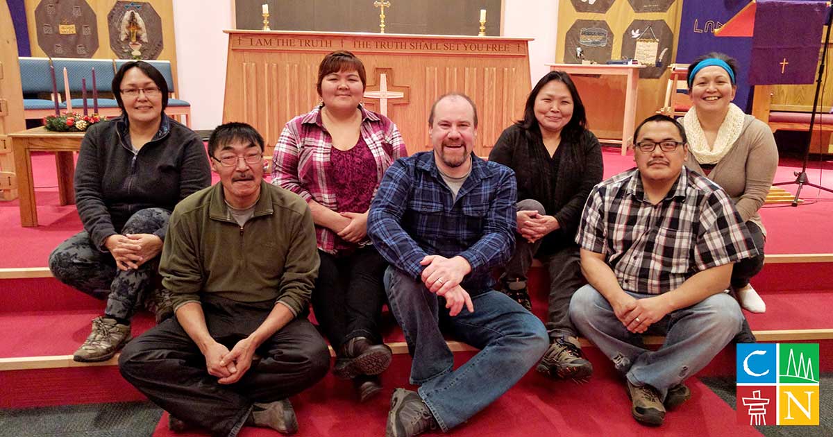 Students of the Arthur Turner Training School with Bishop Joey Royal (centre)— From left to right: Martha Kunuk, Esau Tatatoapik, Nina Kautuq, Sarassie Arragutainaq, Manasee Ulayuk, Annie Keenainak. Photo: Contributed