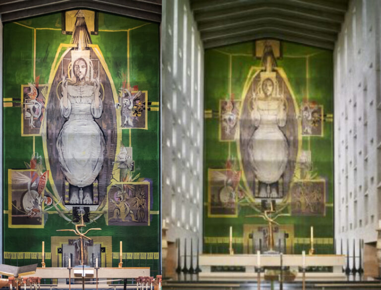 Mural depicting a stylized human figure surrounded by various symbolic elements, set against a green background within a spacious interior. The image captures the intricate details of the artwork and its placement in an architectural setting.