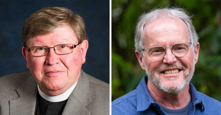 Side-by-side portraits of two men. The man on the left wears glasses, a clerical collar, and a grey jacket against a dark blue background. The man on the right wears glasses and a blue shirt, smiling outdoors with greenery behind him.
