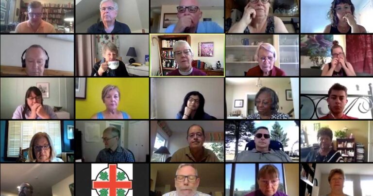 A virtual meeting collage featuring diverse participants engaged in discussion. The image displays multiple video call windows, showcasing individuals of various ages and backgrounds. A logo is visible in the bottom left corner, adding context to the meeting's purpose.